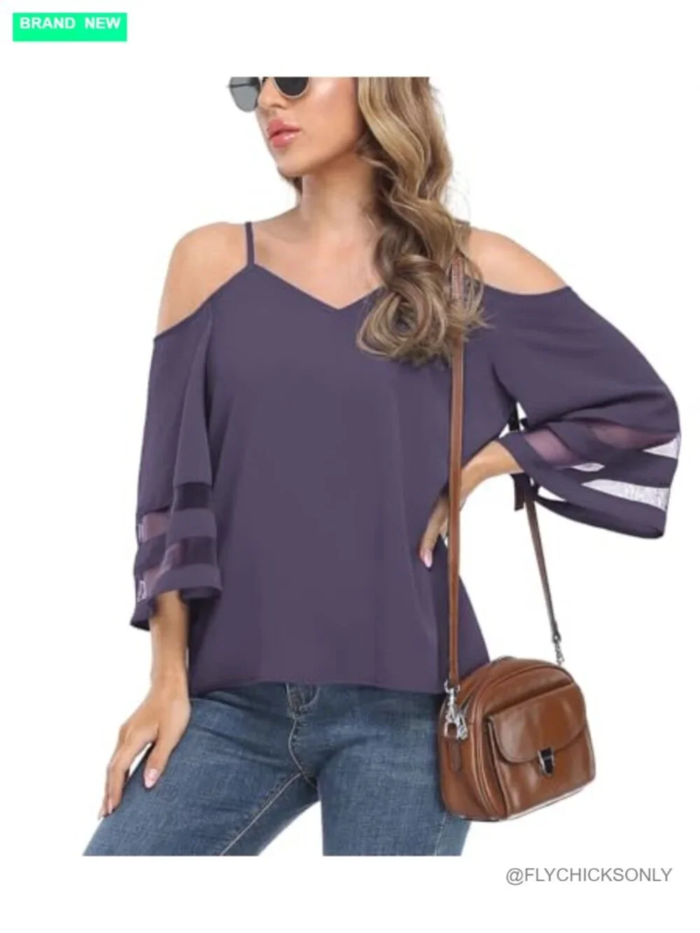 Cold Shoulder Mesh Panel Bell Sleeve Top Blouse